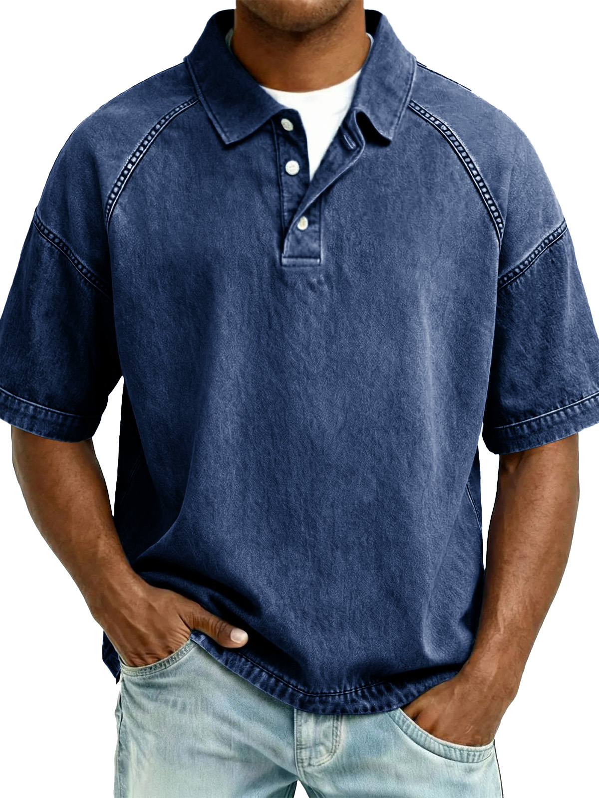 Men's Retro Distressed Raglan Short-Sleeve Polo Shirt
