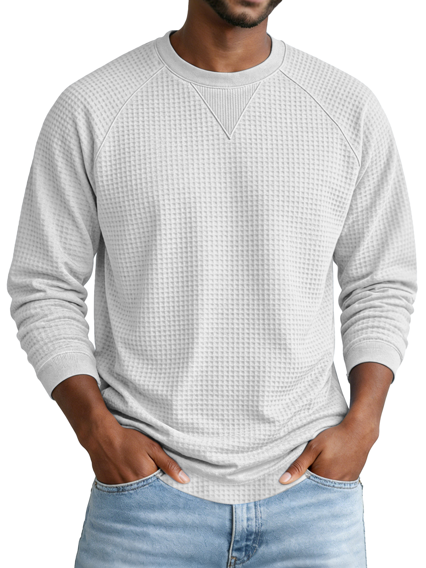 Men's Everyday Solid Color Waffle Knit Inverted Triangle Design Pocketed Crew Neck Long-sleeved T-shirt