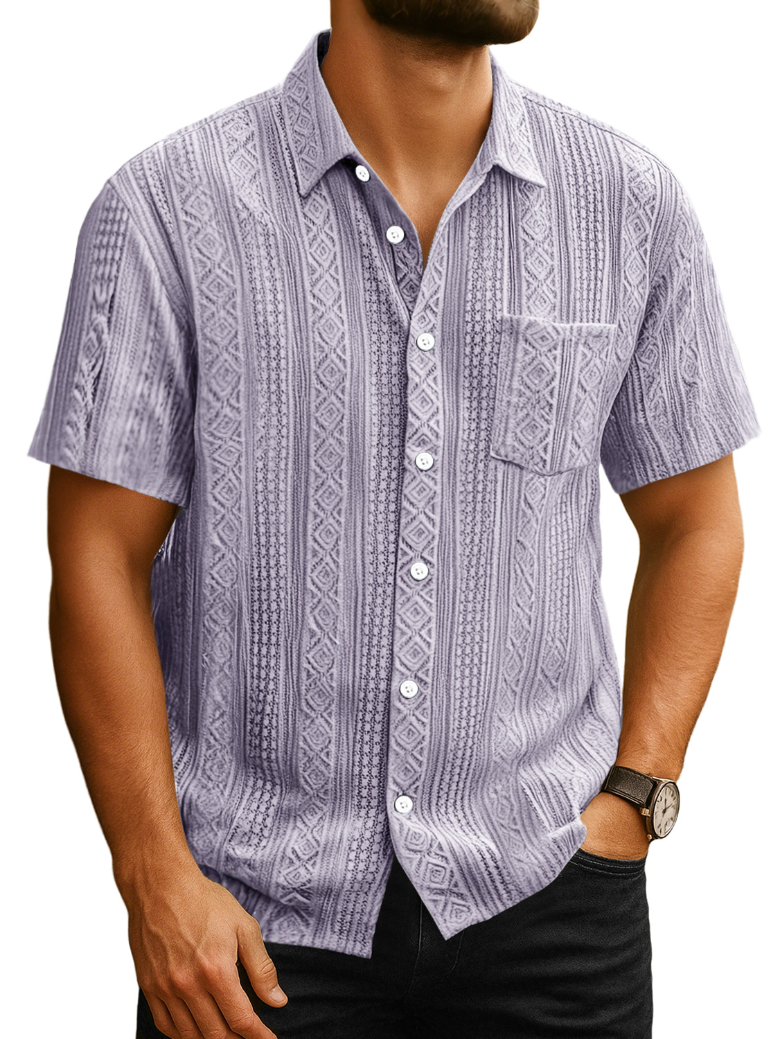 Men's Daily Casual Jacquard Texture Pocket Solid Color Short-sleeved Shirt