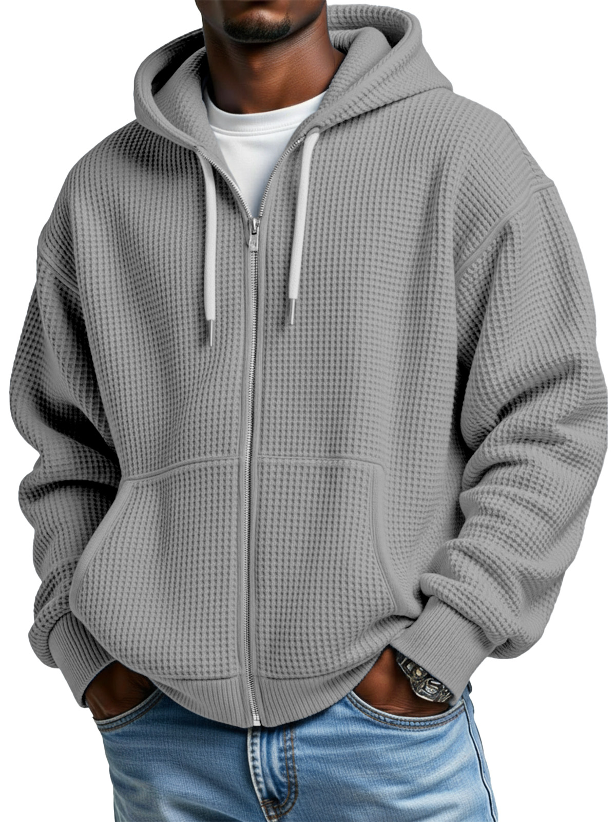 Men's Casual Solid Color Waffle Long Sleeve Hooded Coat