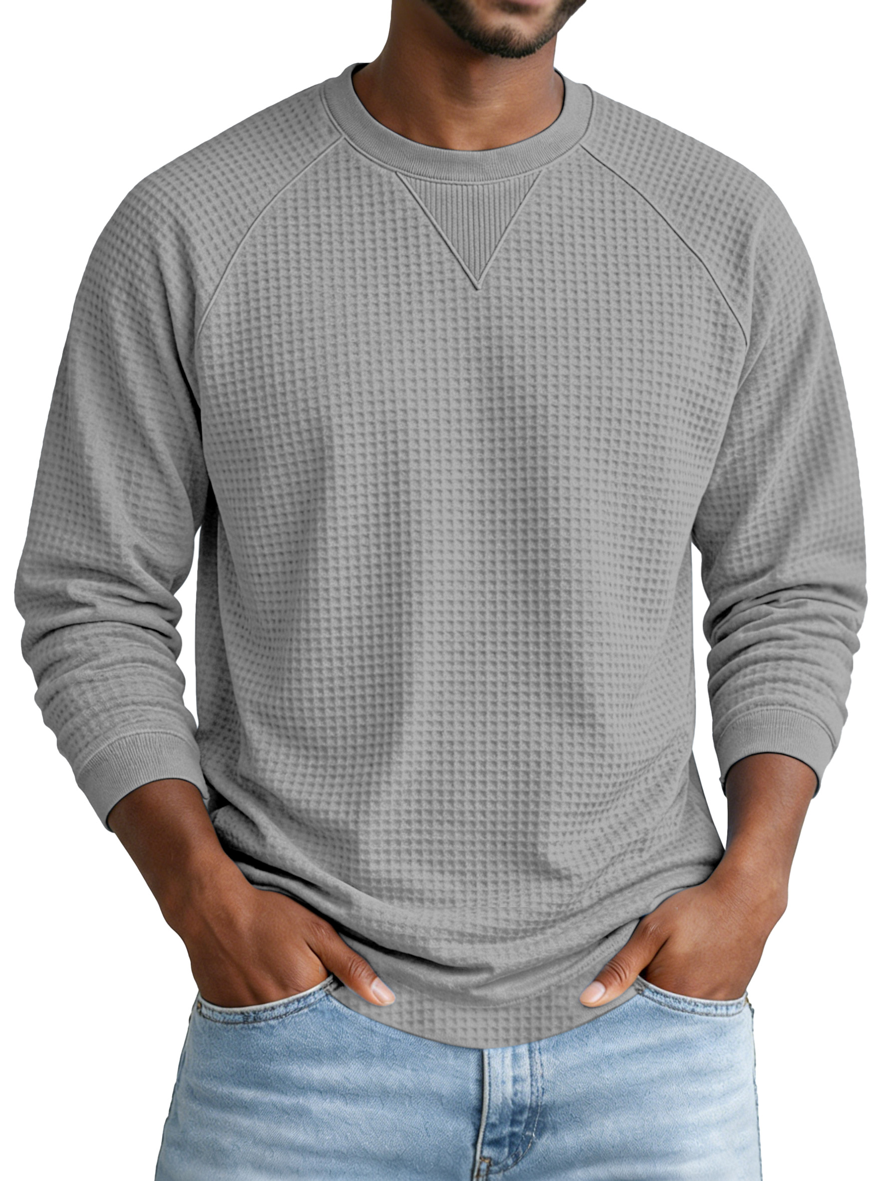 Men's Everyday Solid Color Waffle Knit Inverted Triangle Design Pocketed Crew Neck Long-sleeved T-shirt