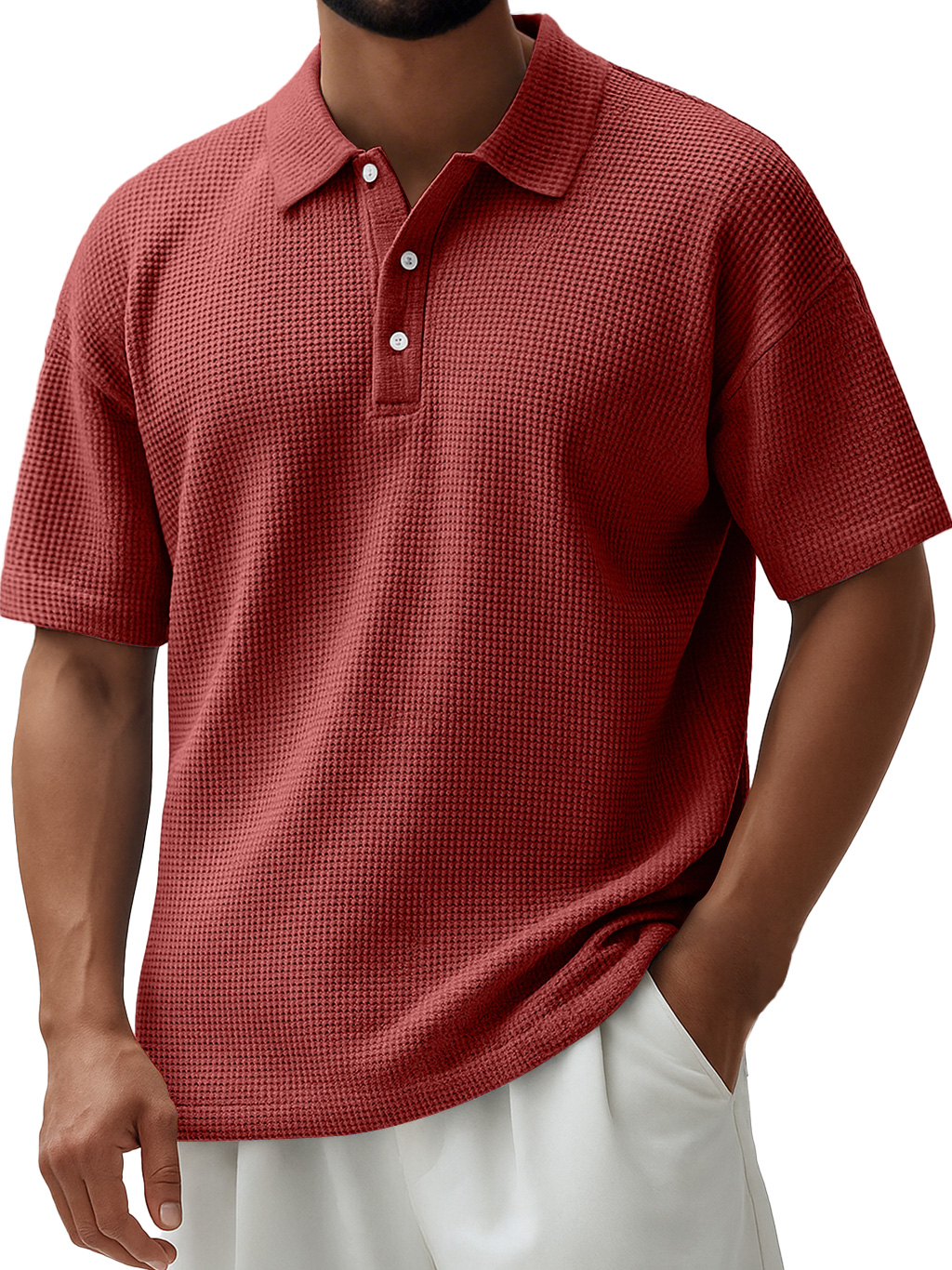 Men's Everyday Waffle Lapel Button Down Casual Short Sleeve Polo Shirt