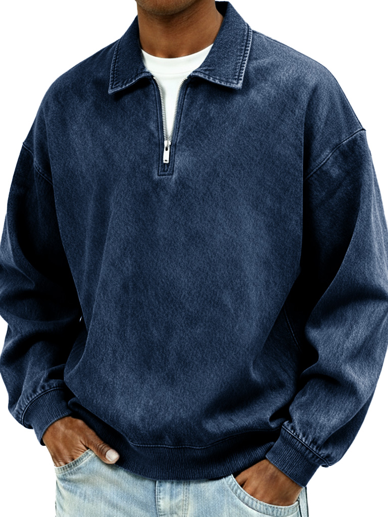 Men's Retro Fashion Distressed Collar Zipper Long-Sleeve Polo Shirt