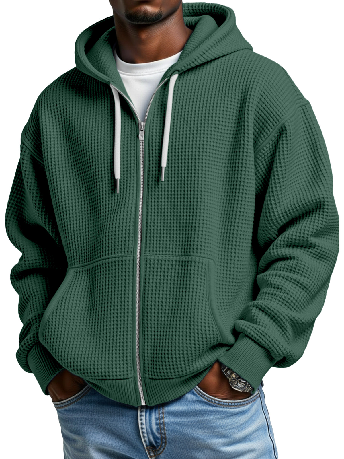Men's Casual Solid Color Waffle Long Sleeve Hooded Coat