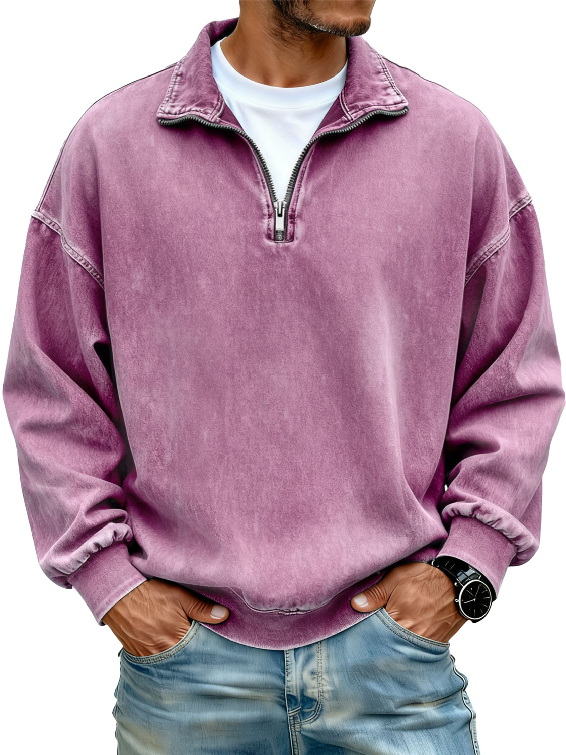 Men's Retro Stand Collar Zipper Casual Loose Sweatshirt