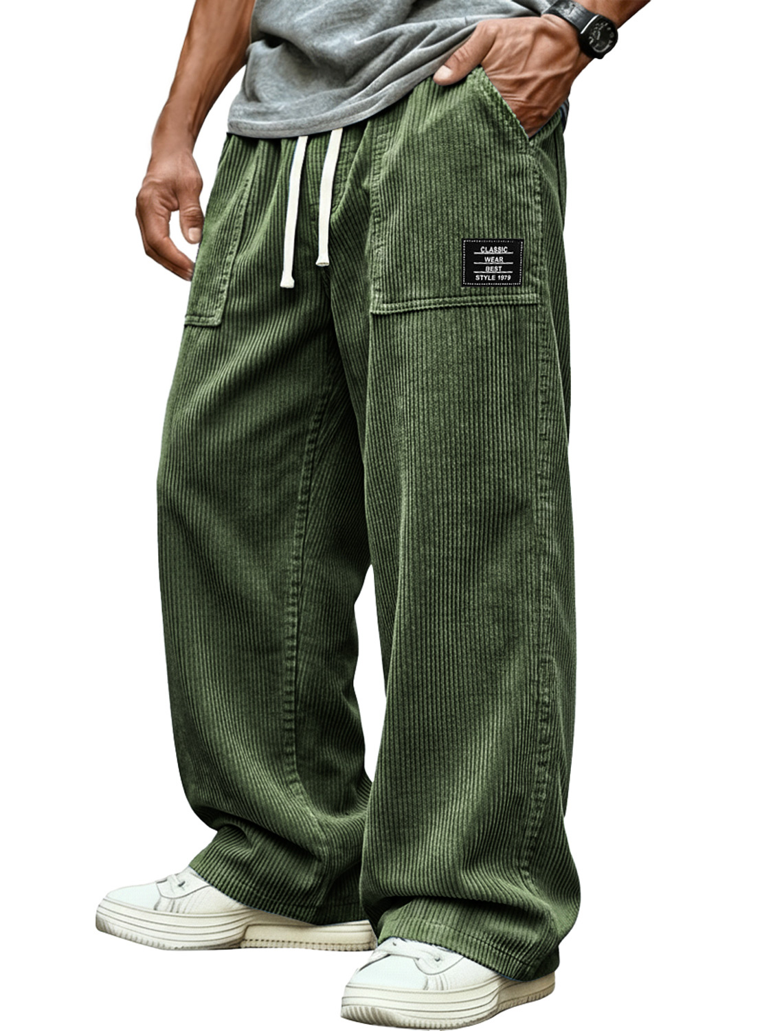Men's Retro Corduroy Patch Pocket Embroidered Logo Casual Cargo Pants