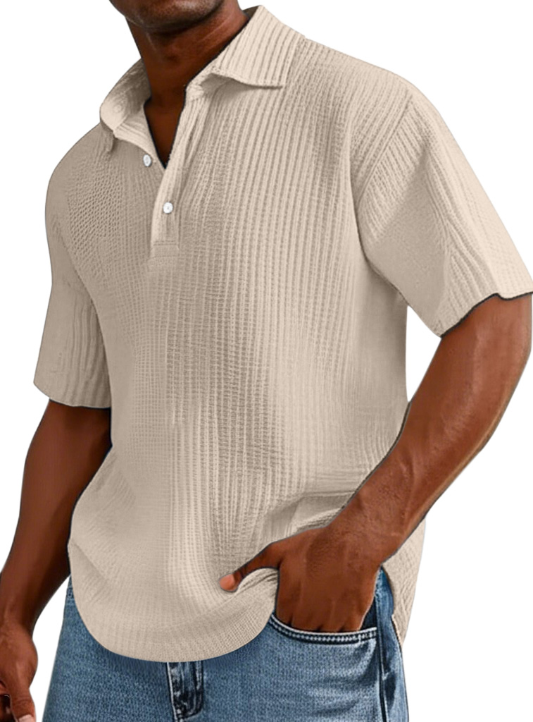 Men's Casual Solid Color Pleated Texture Short-sleeved Button Polo Shirt