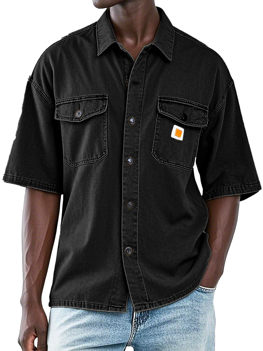 Men's Retro Workwear Double Pocket Lapel Short-sleeved Shirt