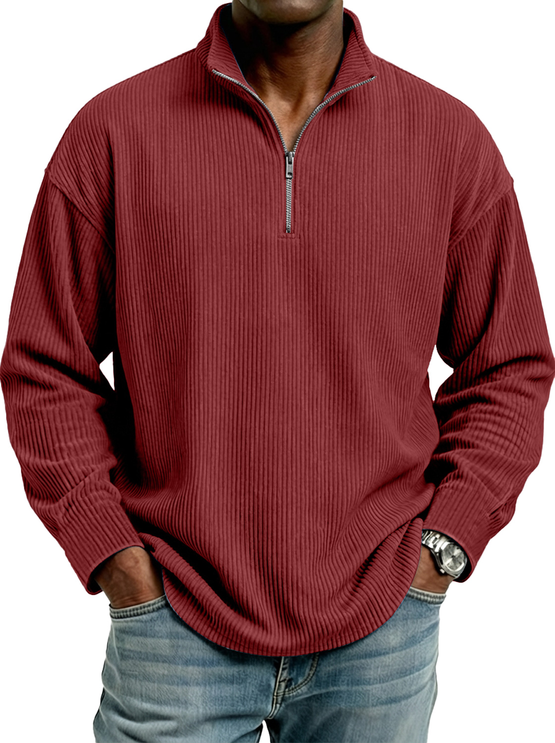 Men's Stand Collar Zipper Ribbed Comfortable Long-Sleeve T-Shirt