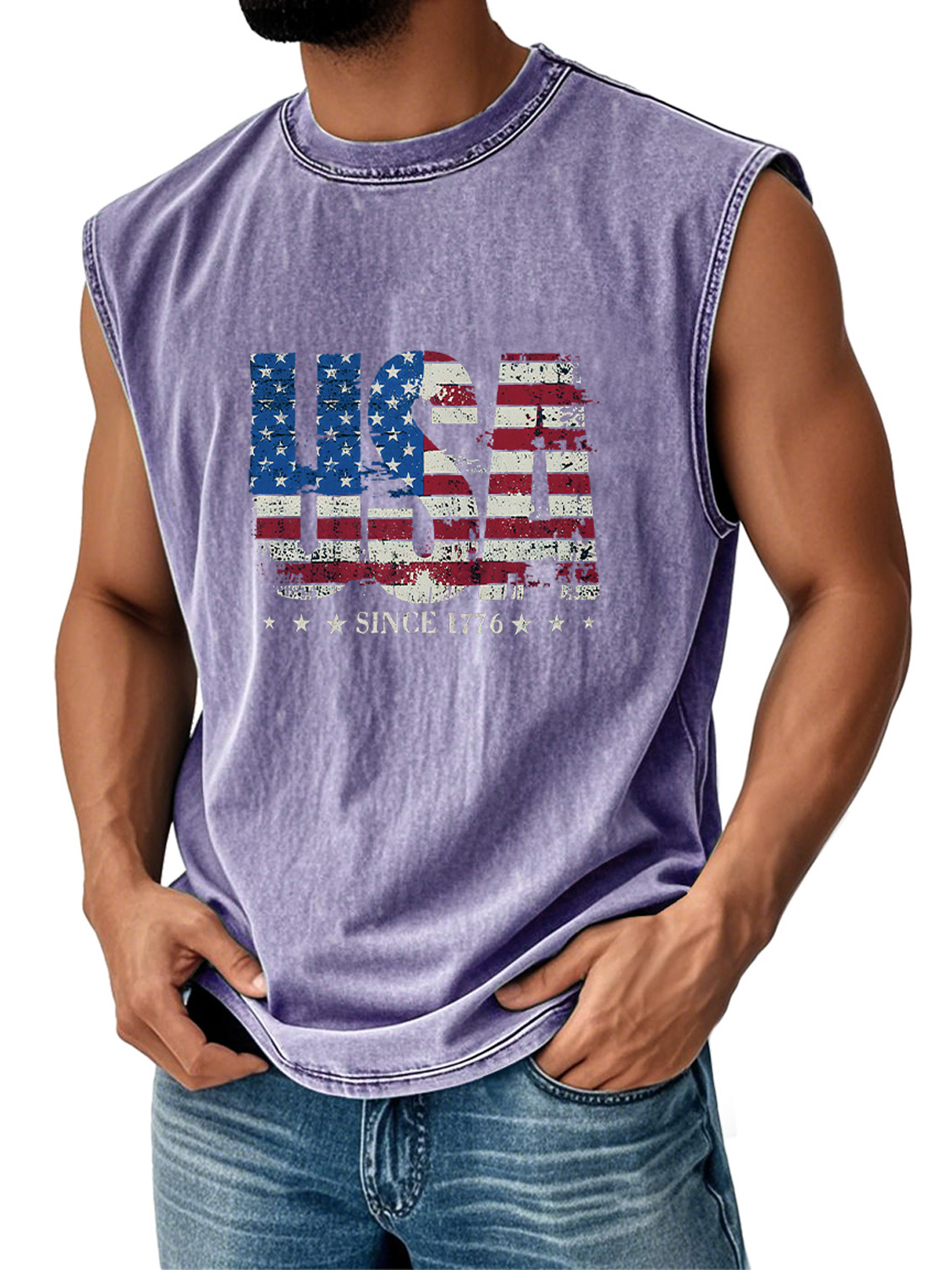 Men's Retro Everyday Independence Day USA Flag Printed Casual Round Neck Sleeveless Vest