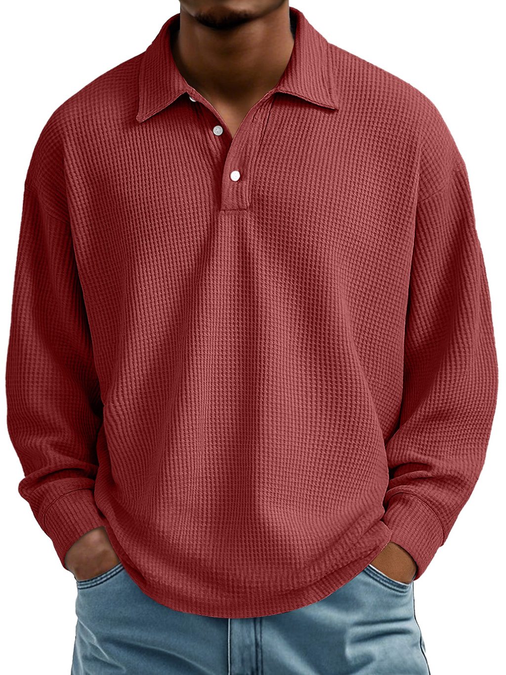 Men's Waffle Casual Lapel Button-down Long-sleeved Polo Shirt