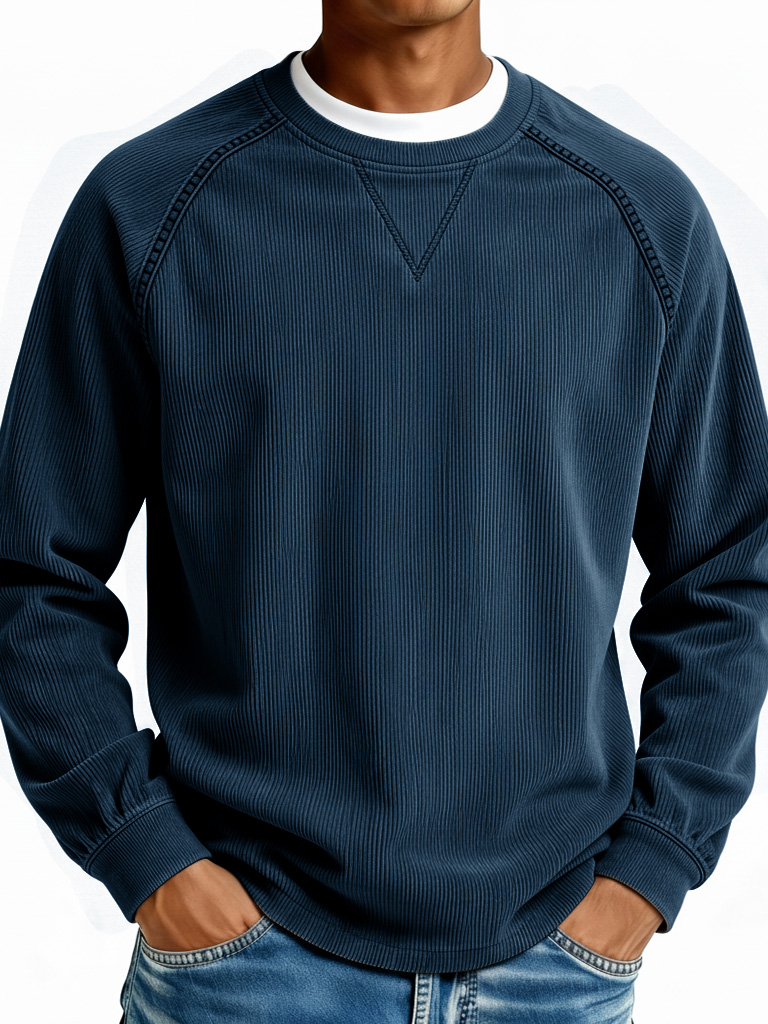 Men's Fashionable Casual Retro Ribbed Fabric Long-Sleeve Crew Neck Top