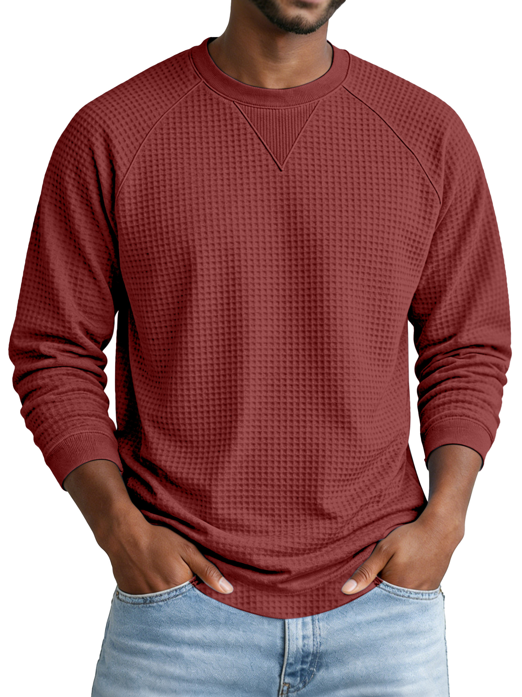 Men's Everyday Solid Color Waffle Knit Inverted Triangle Design Pocketed Crew Neck Long-sleeved T-shirt