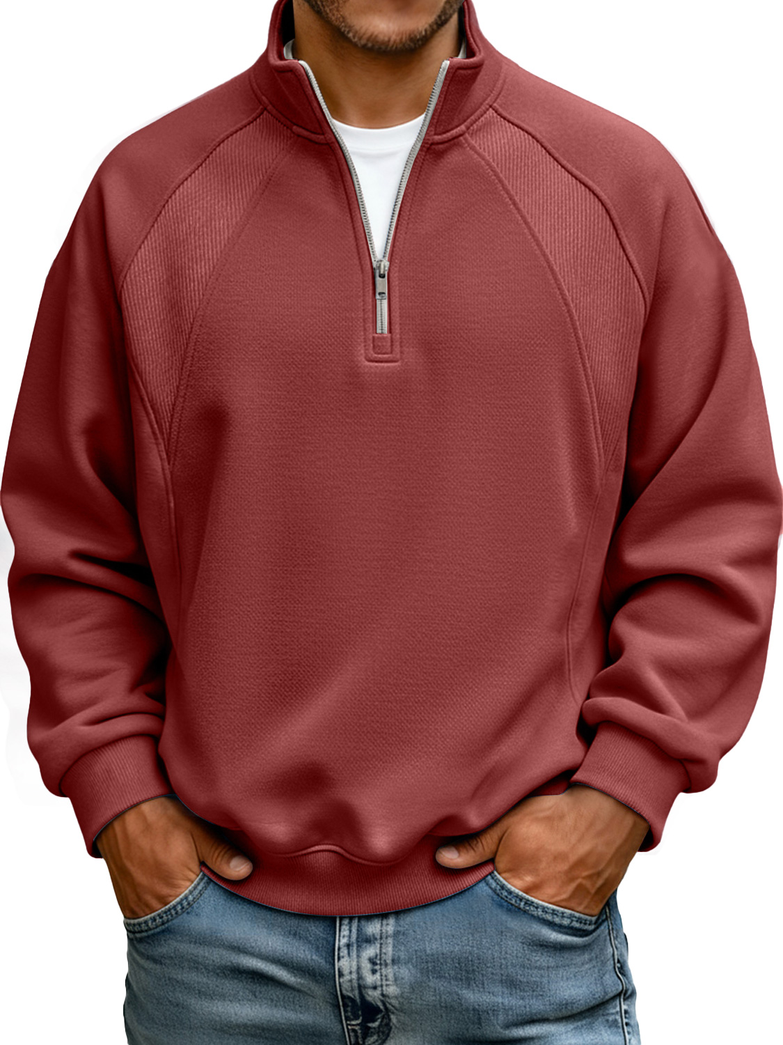 Men's Stand-up Collar Zippered Raglan Stitching Casual Sweatshirt