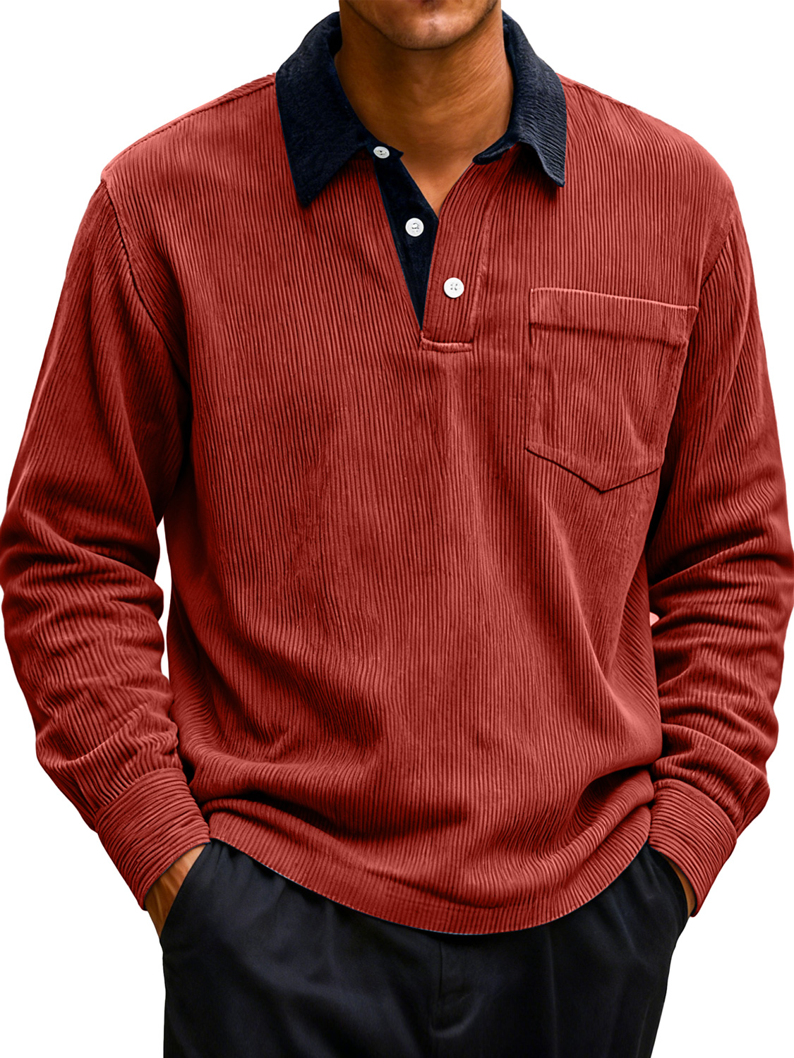 Men's Corduroy Lapel Stitching Casual Long-sleeved Polo Shirt