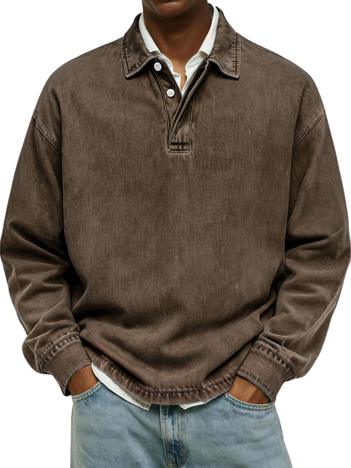Men's Retro Collar Button Casual Long-Sleeve Polo Shirt