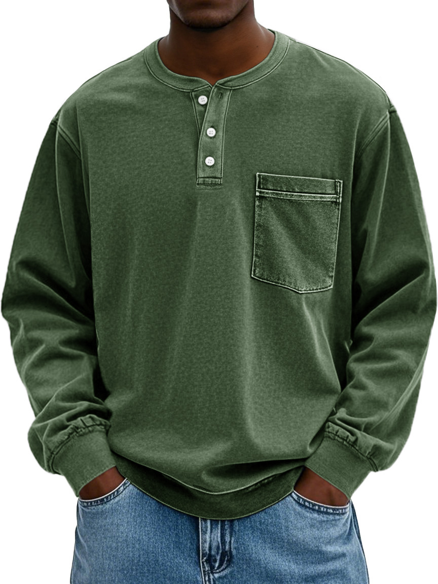 Men's Stylish Vintage Distressed Pocket Lapel Long-sleeved Henley Shirt