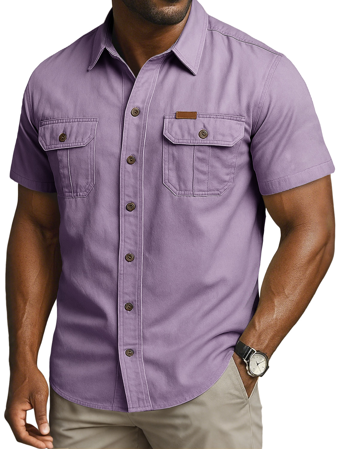 Men's Vintage Double Pocket Embroidered Leather Label Casual Work Shirt