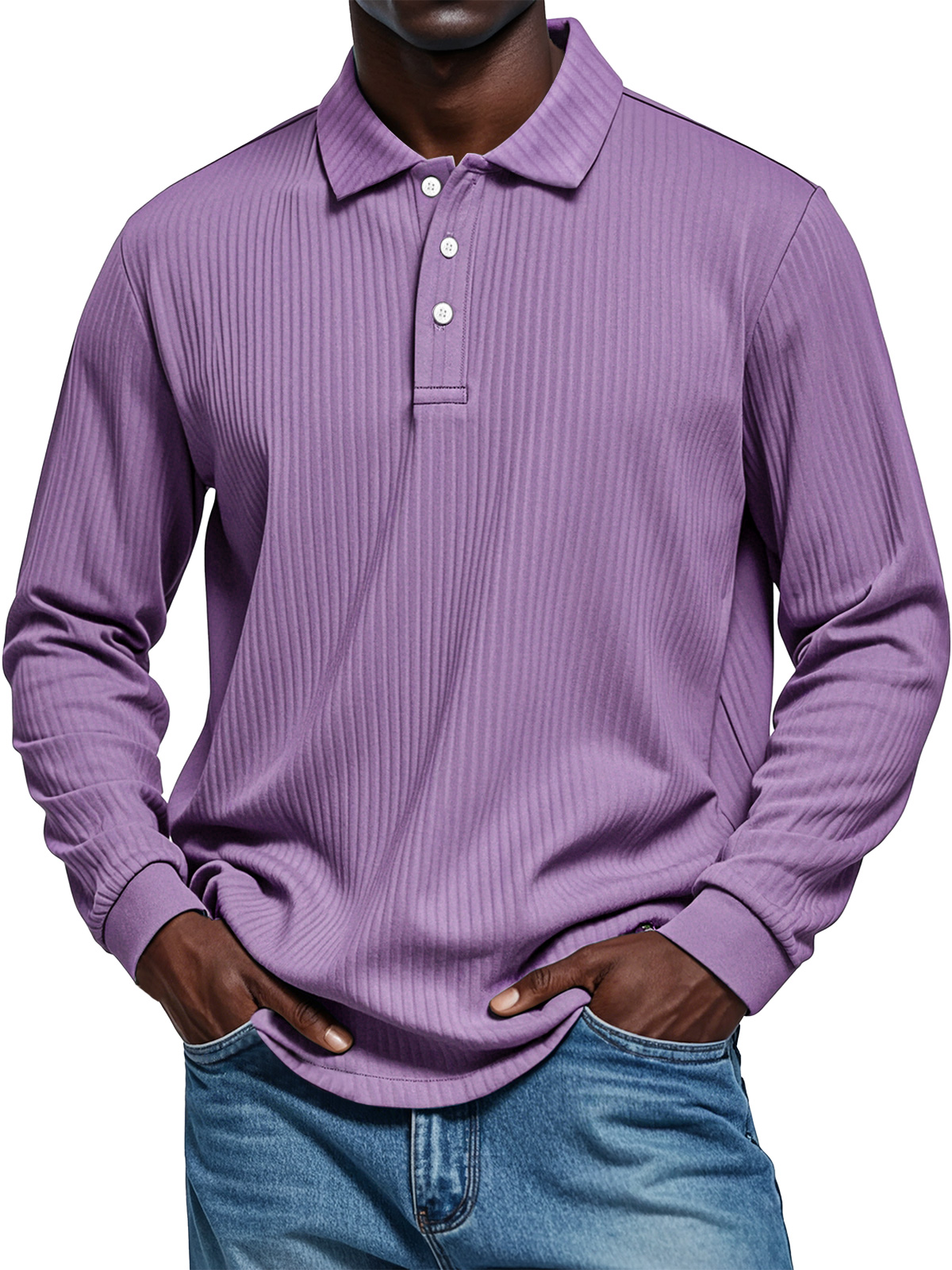 Men's Pit Texture Casual Button Solid Color Long-sleeved Polo Shirt