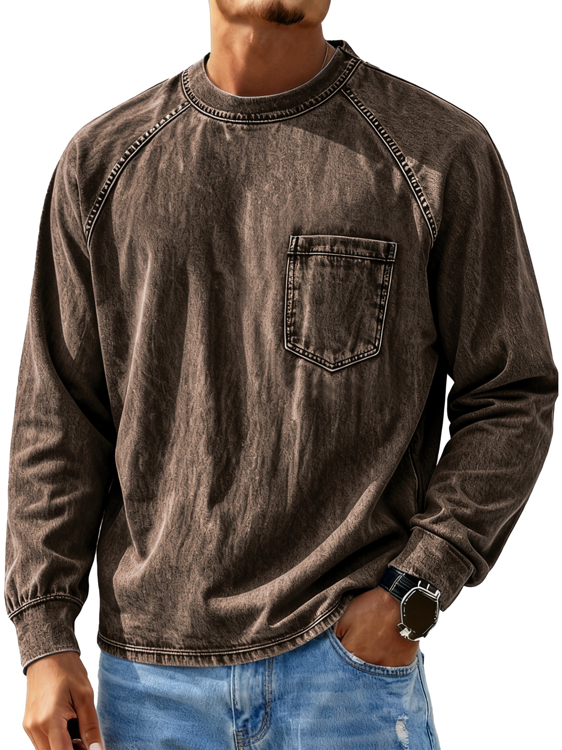 Men's Retro Crew Neck Raglan Casual Pocket Long Sleeve T-Shirt