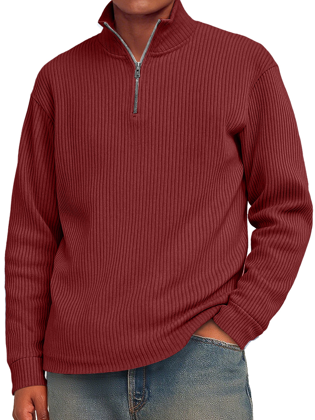 Men's Fashion Striped Stand Collar Zipper Casual Long Sleeve T-shirt