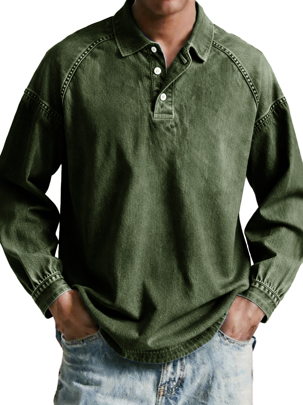 Men's wear, retro, retro, loose, raglan, long-sleeved polo shirt