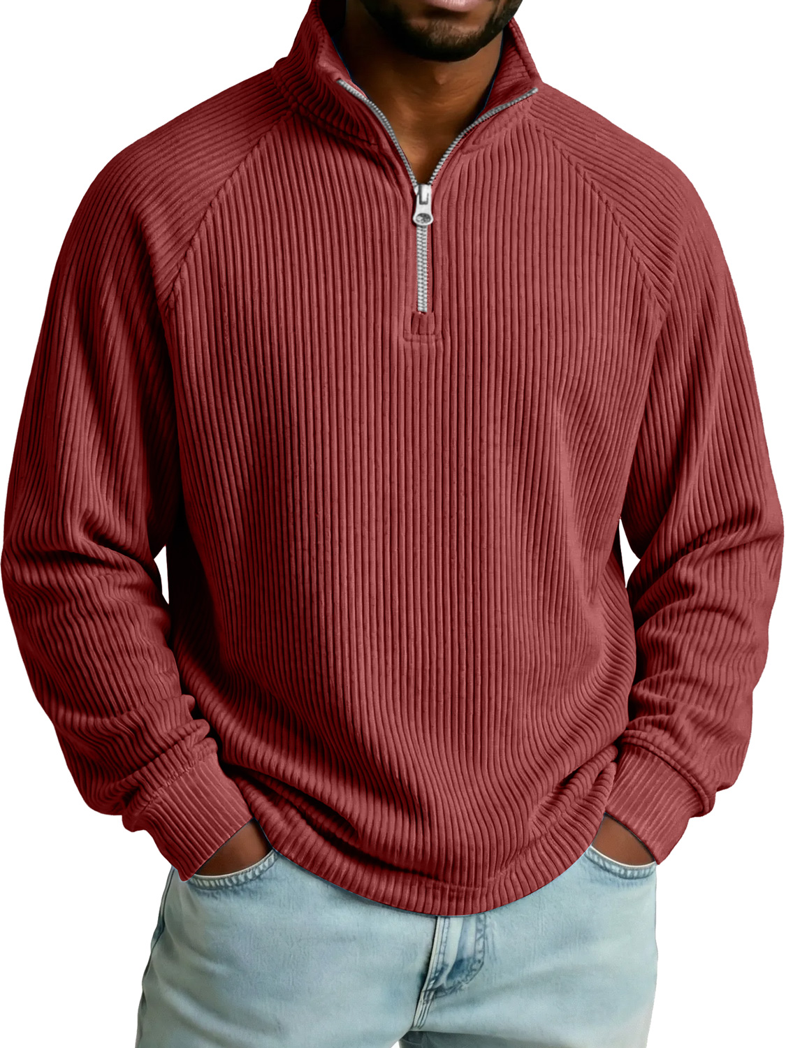 Men's Raglan Sleeve Ribbed Stand-collar Zip-up Casual Long-sleeved T-shirt