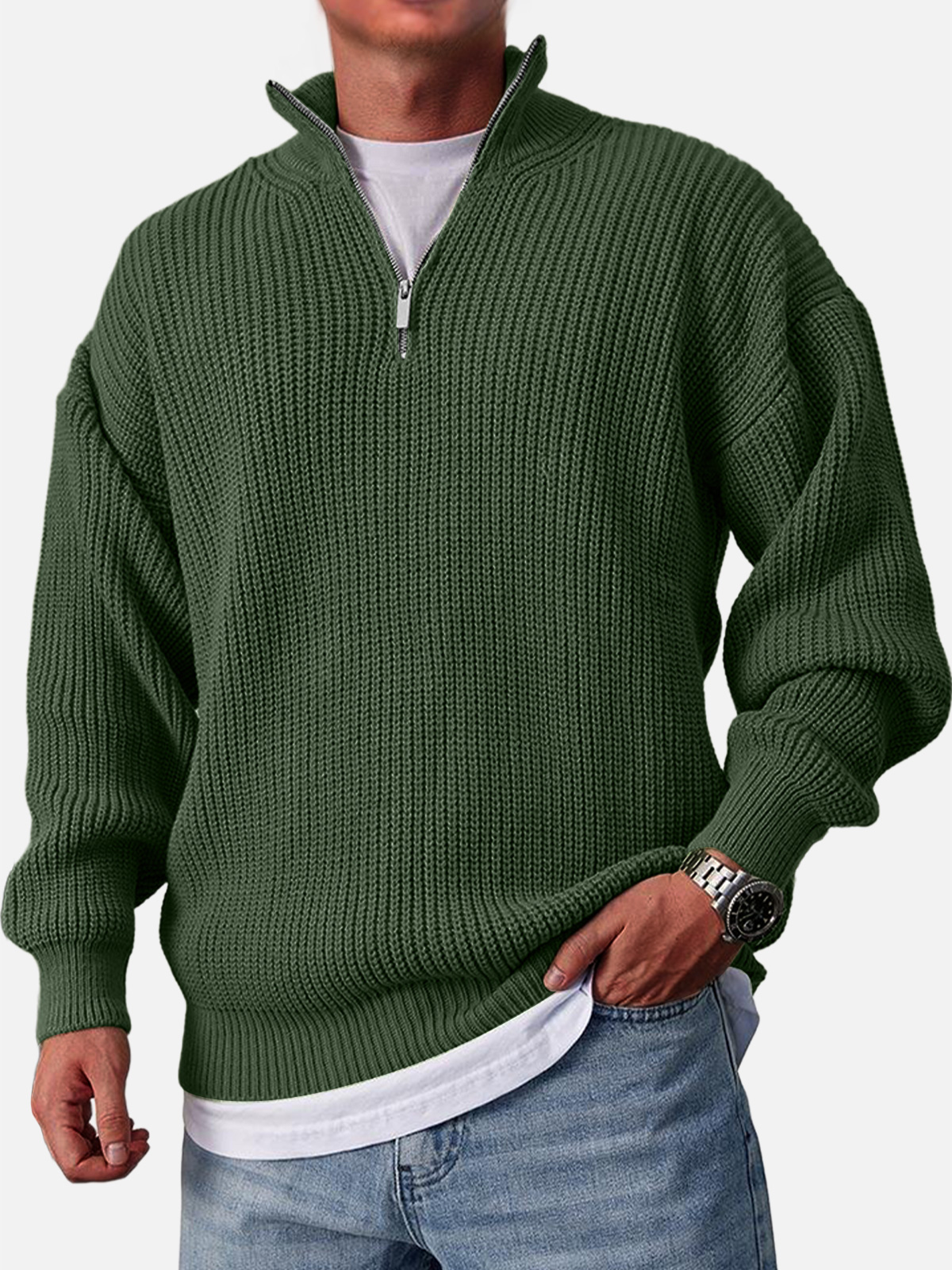 Men's Casual Fashion Loose Zipper Stand Collar Solid Color Sweater