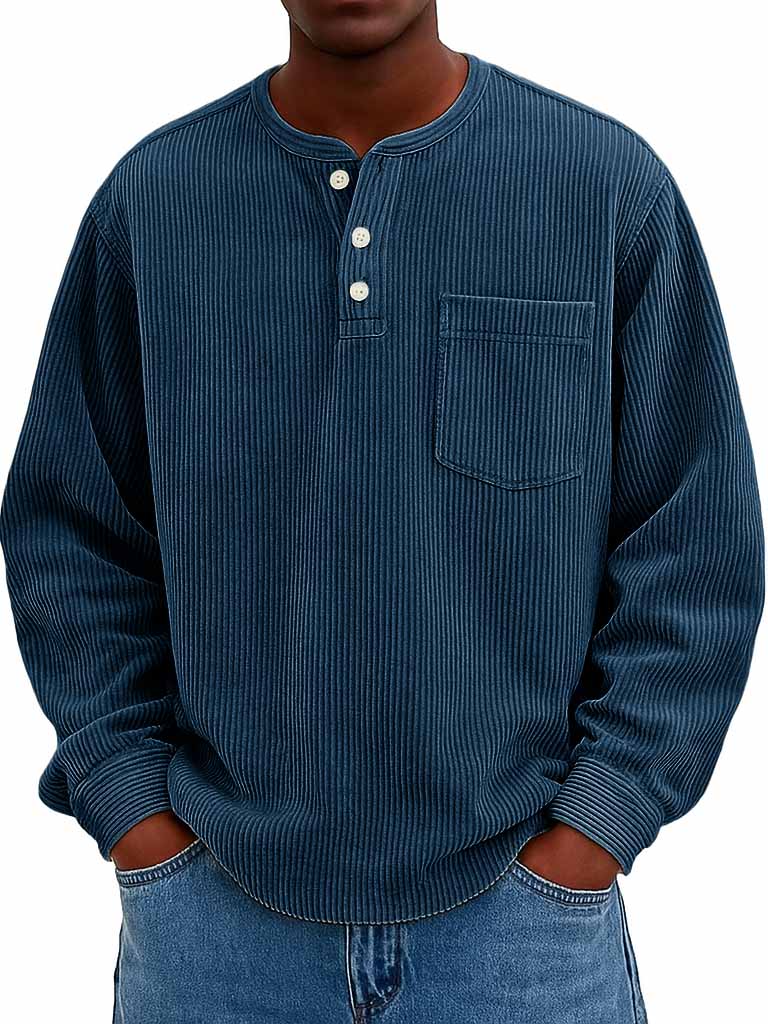 Men's Fashion Casual Corduroy Pocket Long Sleeve Henley Shirt