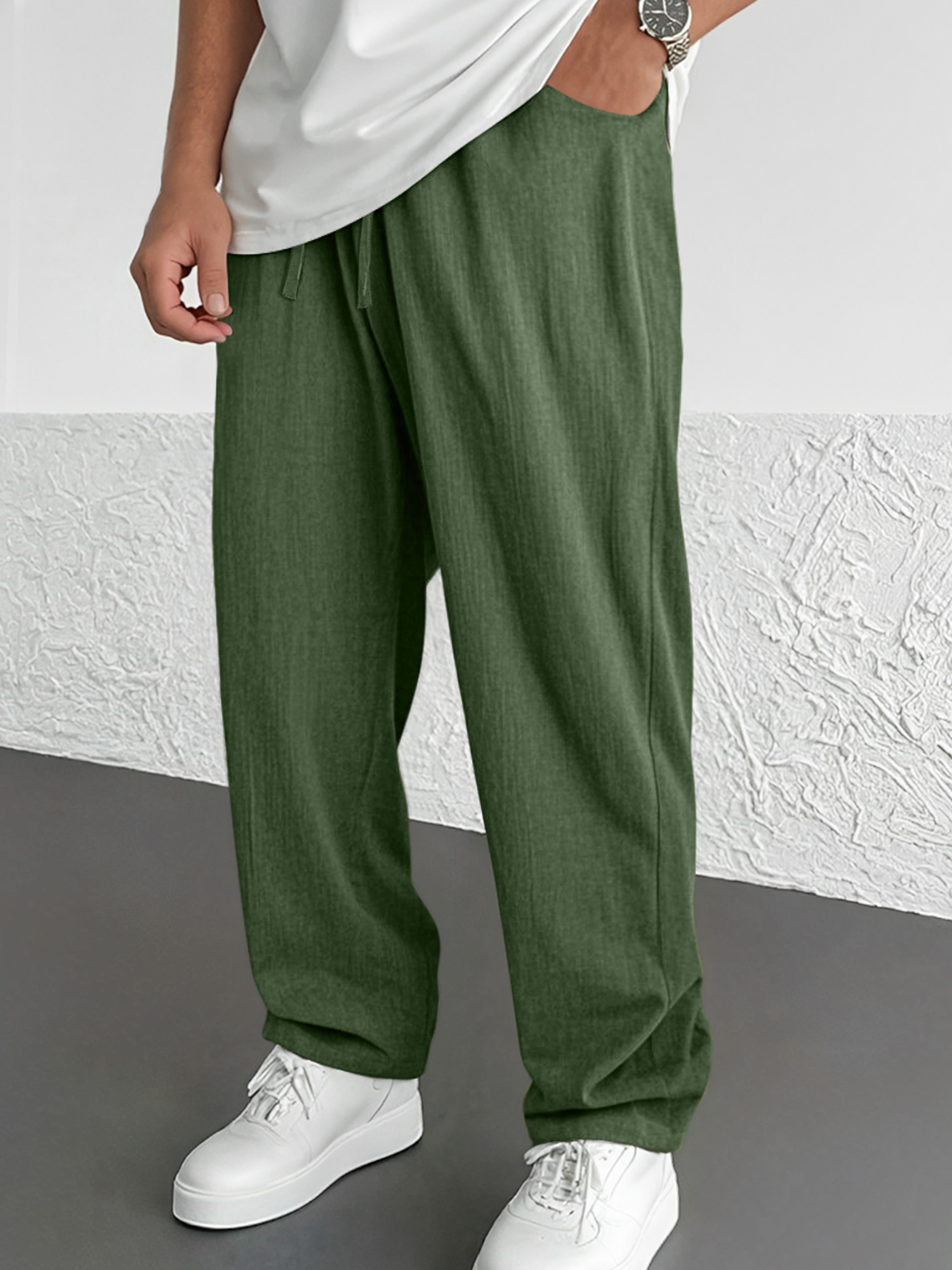Men's Summer Daily Cotton And Linen Elastic Waist Casual Solid Color Comfortable Trousers