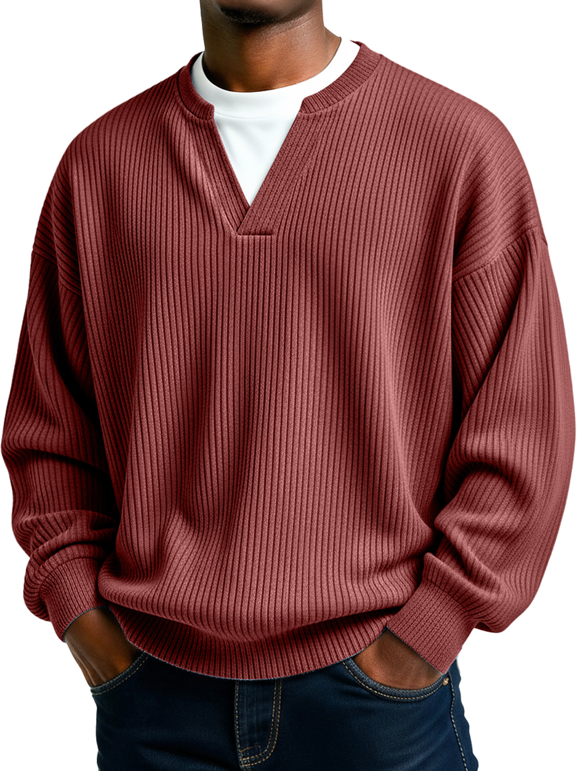 Men's Simple Ribbed V-Neck Faux Two-Piece Casual Long-Sleeve T-Shirt