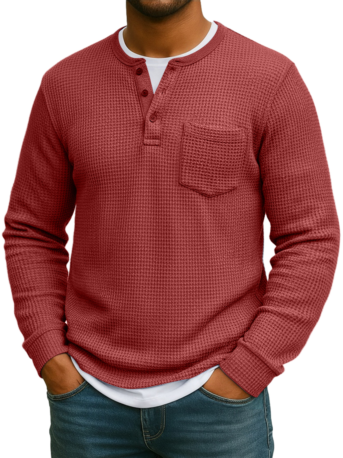 Men's Everyday Waffle Fake Two-Piece Casual Pocket Long Sleeve Henley Shirt