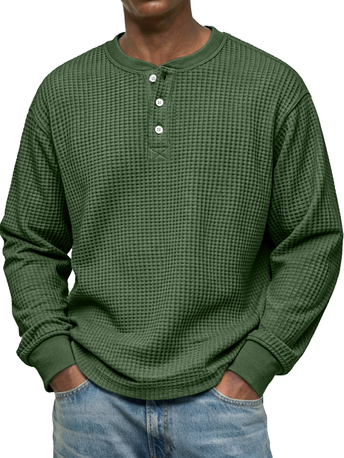 Men's Simple Waffle Casual Long-Sleeved Henley Shirt