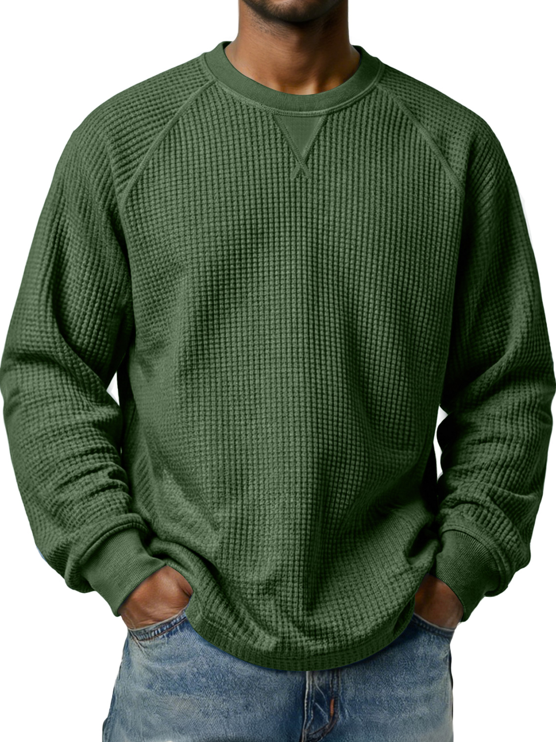 Men's Waffle-knit Raglan Sleeve Crew Neck Casual Long-sleeved T-shirt