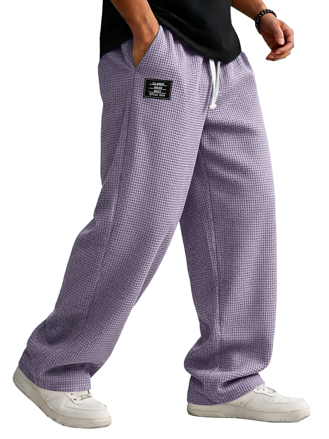 Men's Loose-fitting Waffle-knit Casual Trousers With Elastic Waistband And Embroidered Logo