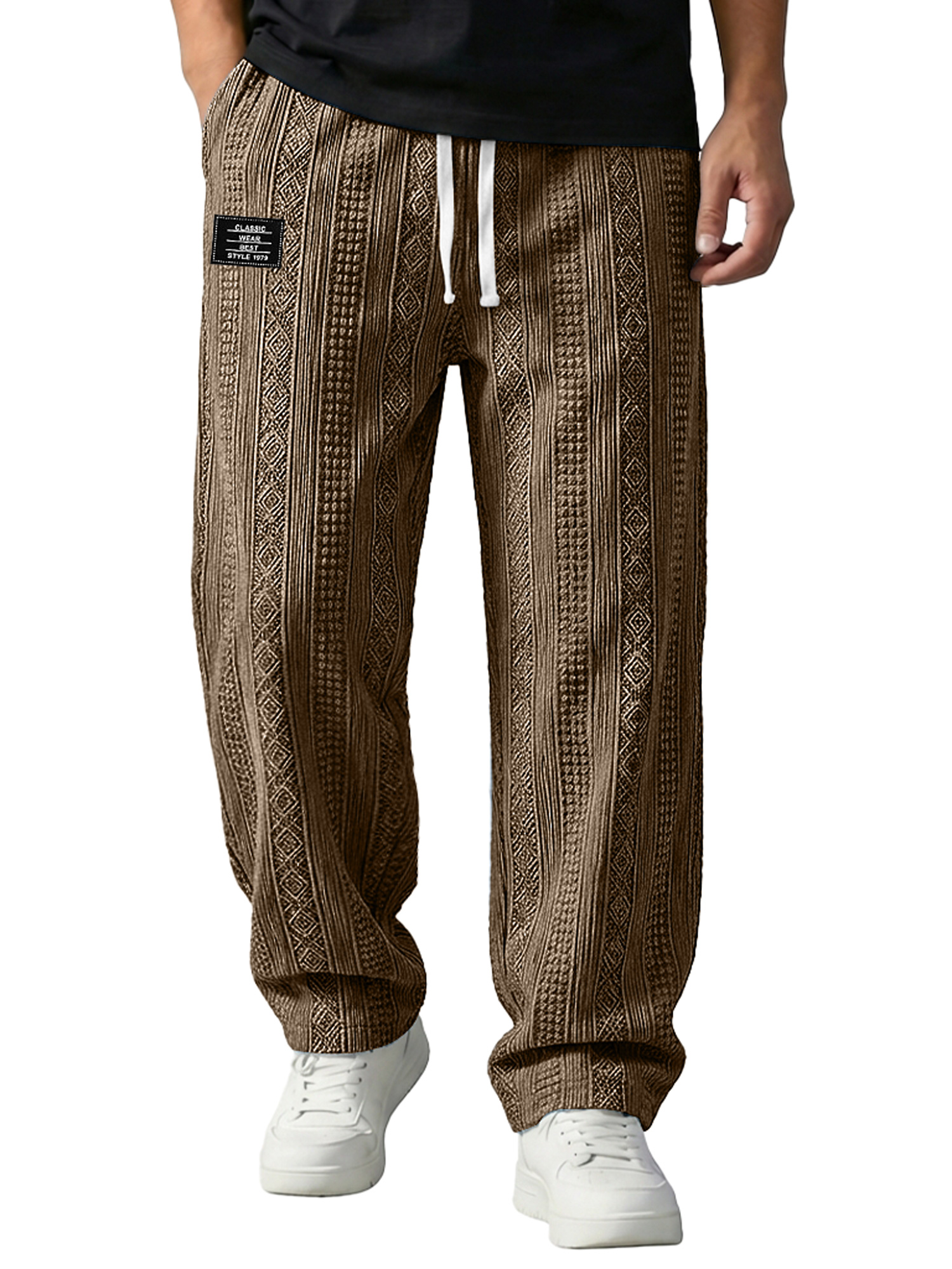 Men's Jacquard Textured Embroidered Logo Casual Loose-fitting Trousers With Elastic Waistband