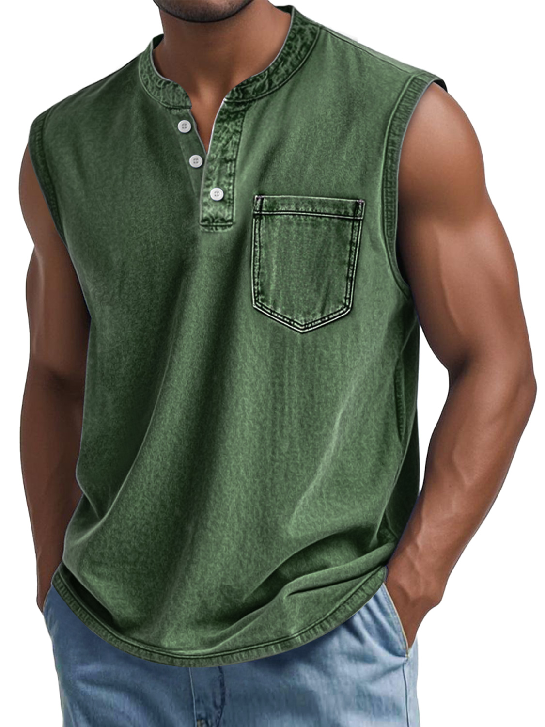 Men's Vintage Washed Cotton Stand Collar Pocket Casual Sleeveless Henley Vest