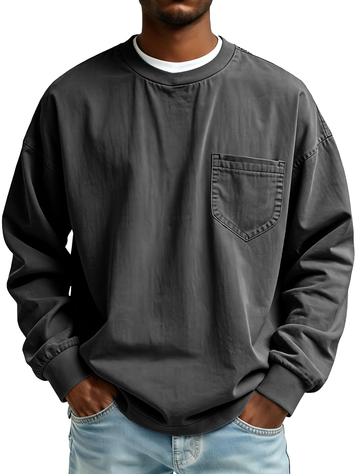 Men's Fashionable Retro Pleated Fabric Long-Sleeved Pocket Top