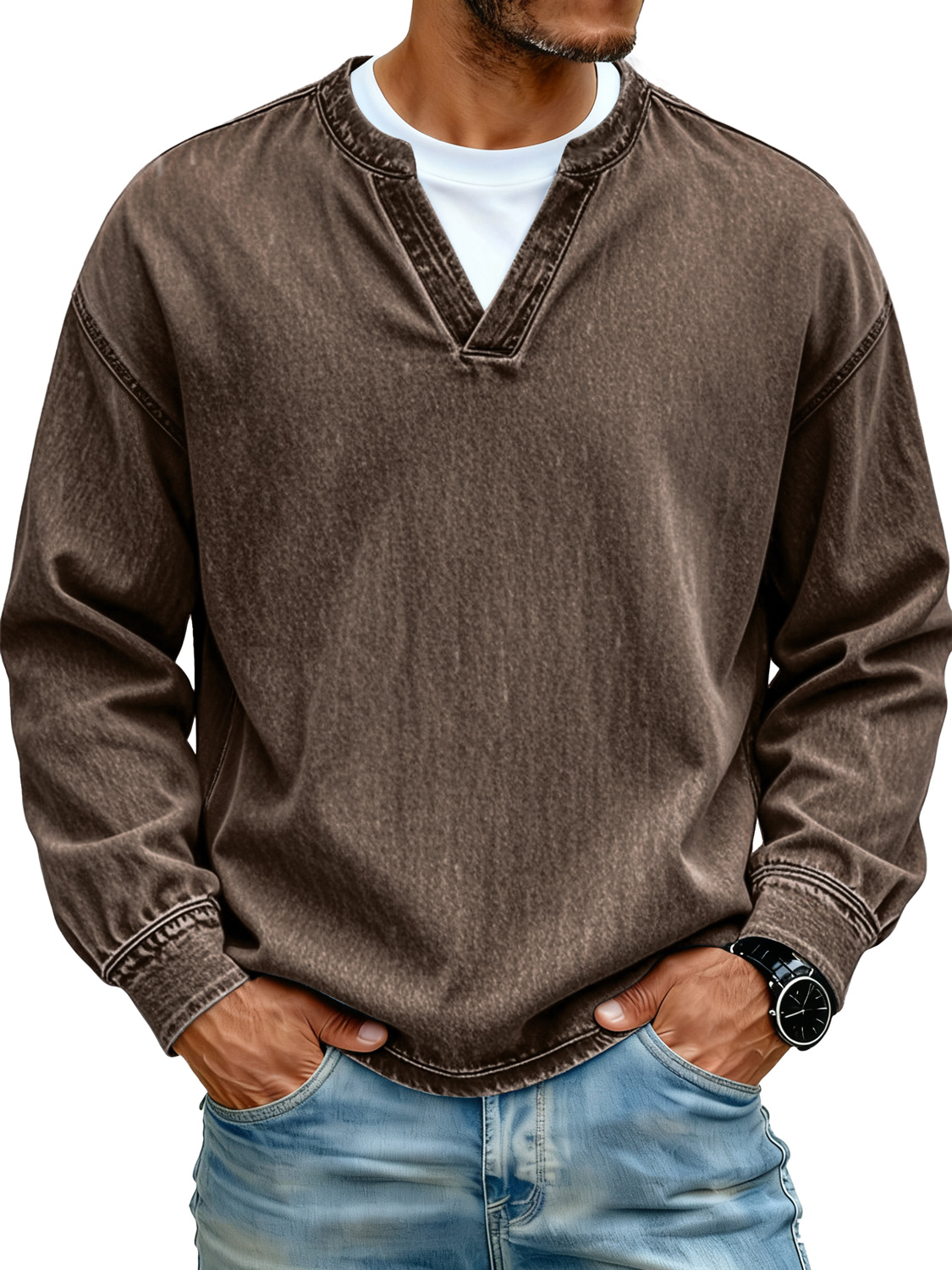 Retro Minimalist Faux Two-piece Design Casual Long-sleeved T-shirt