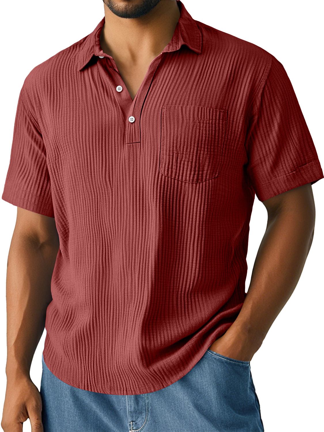 Men's Daily Pleated Texture Lapel Pocket Casual Short-sleeved Polo Shirt