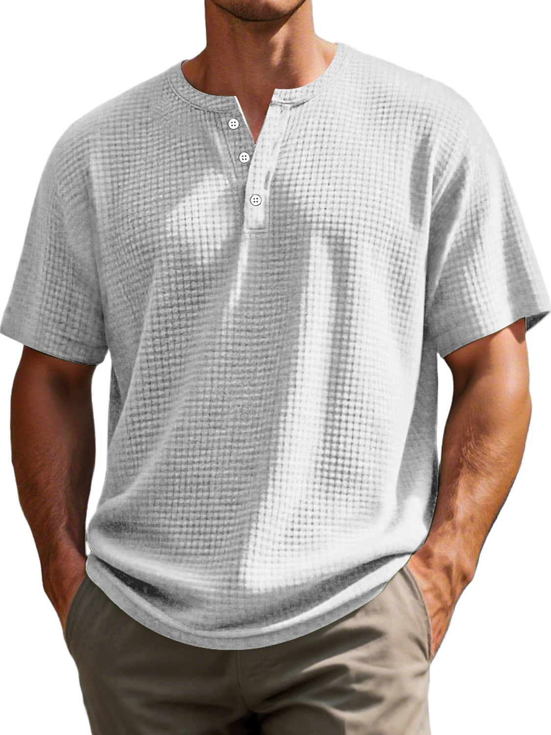 Men's Everyday Waffle Casual Solid Color Short Sleeve Henley Shirt