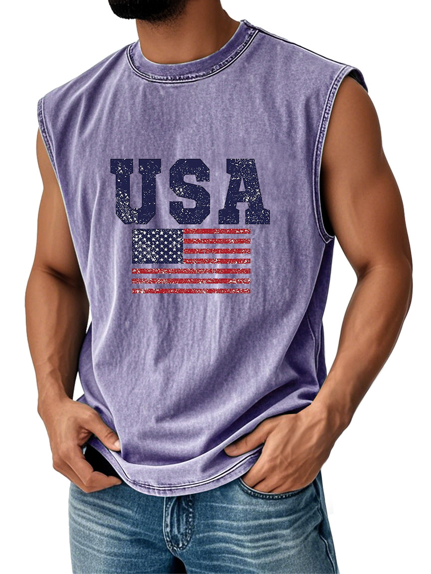 Men's Everyday Vintage American Independence Day Flag Printed Crew Neck Sleeveless Tank Top