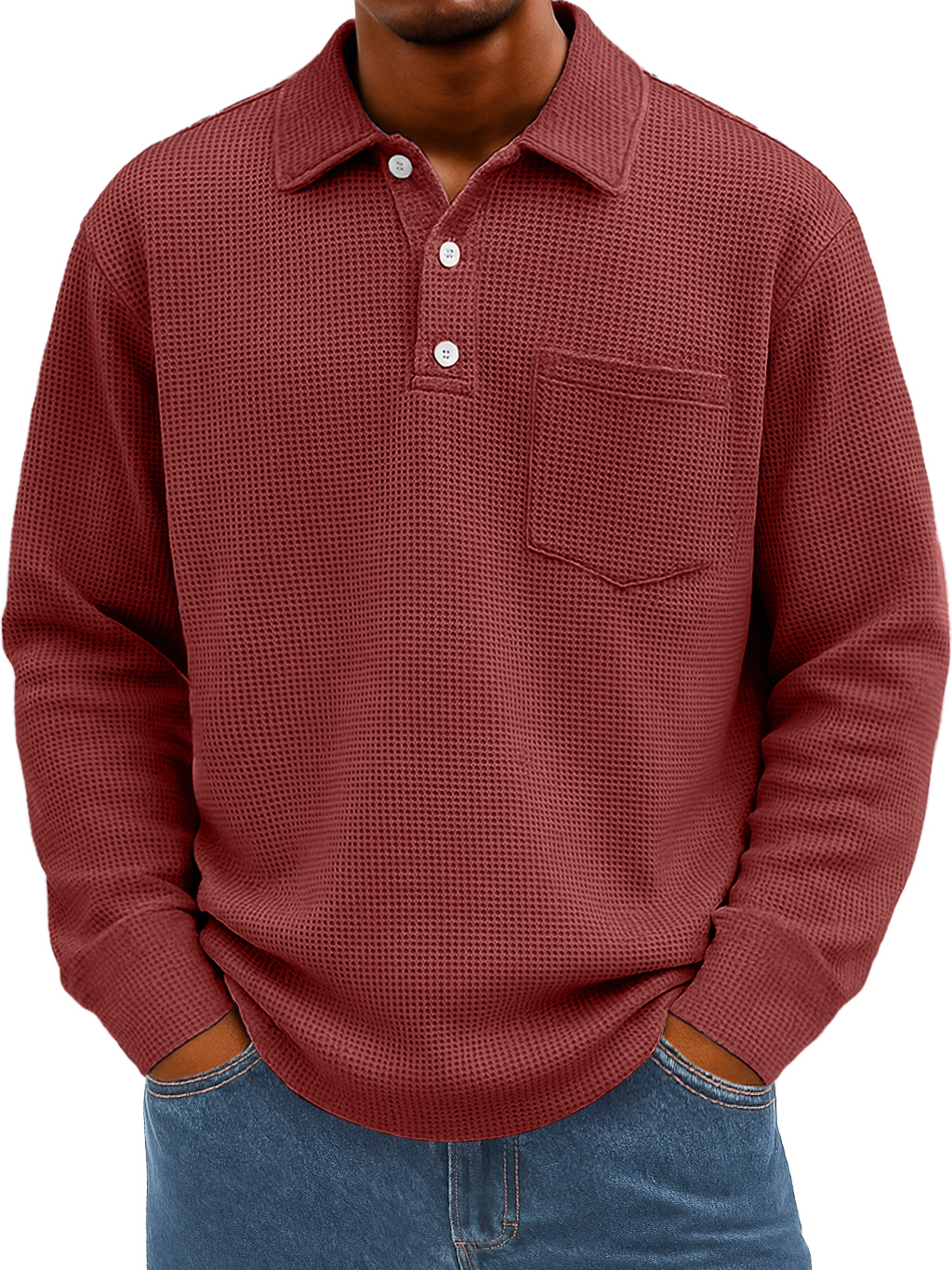 Men's Everyday Waffle Lapel Button Casual Pocket Long Sleeve Polo Shirt