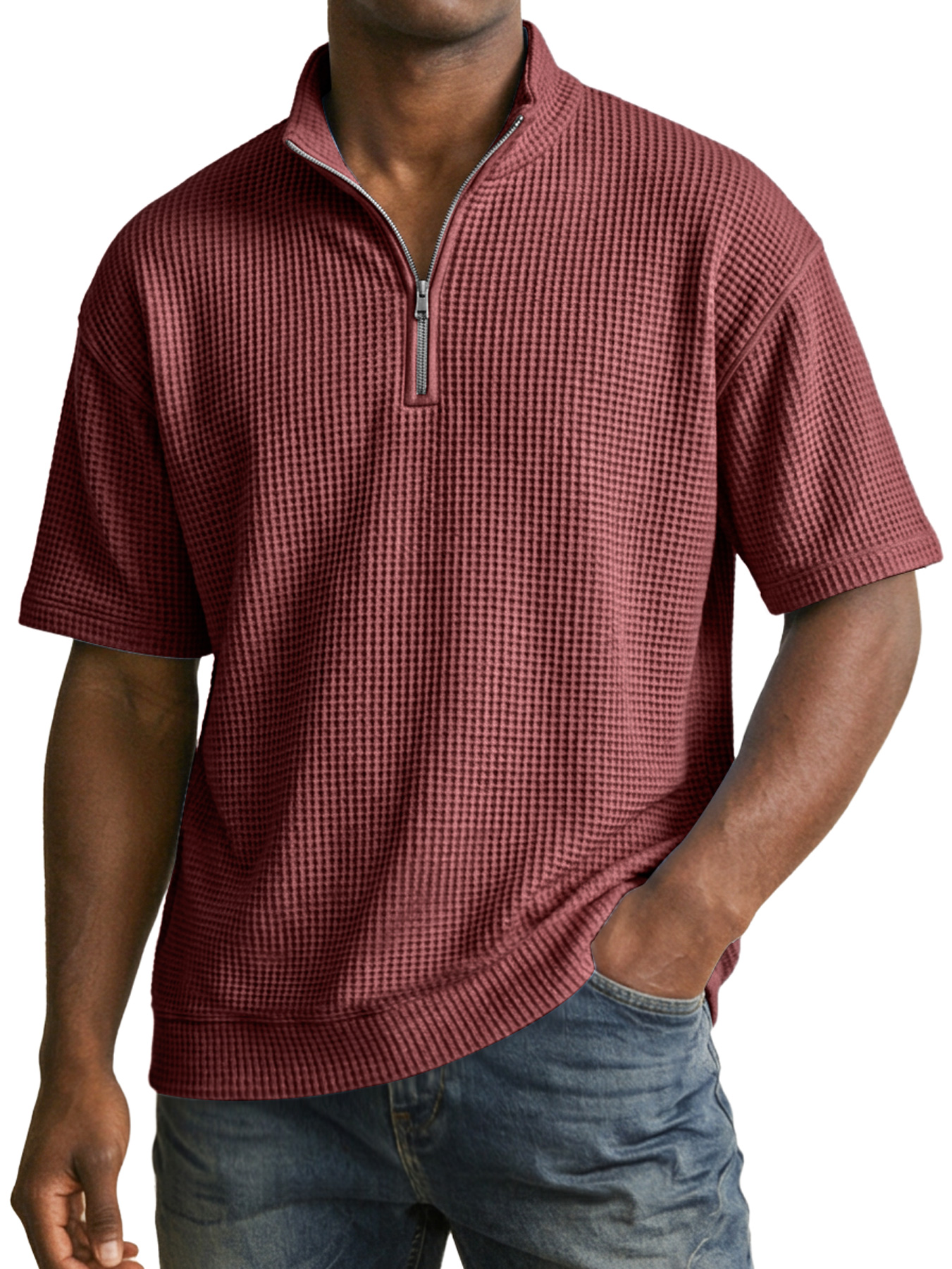 Men's Waffle Collar Zipper Casual Short-Sleeve T-Shirt
