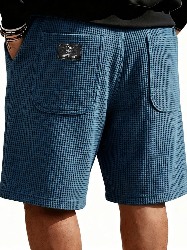Men's Fashion Casual Waffle Gown with Double Pockets Loose Shorts