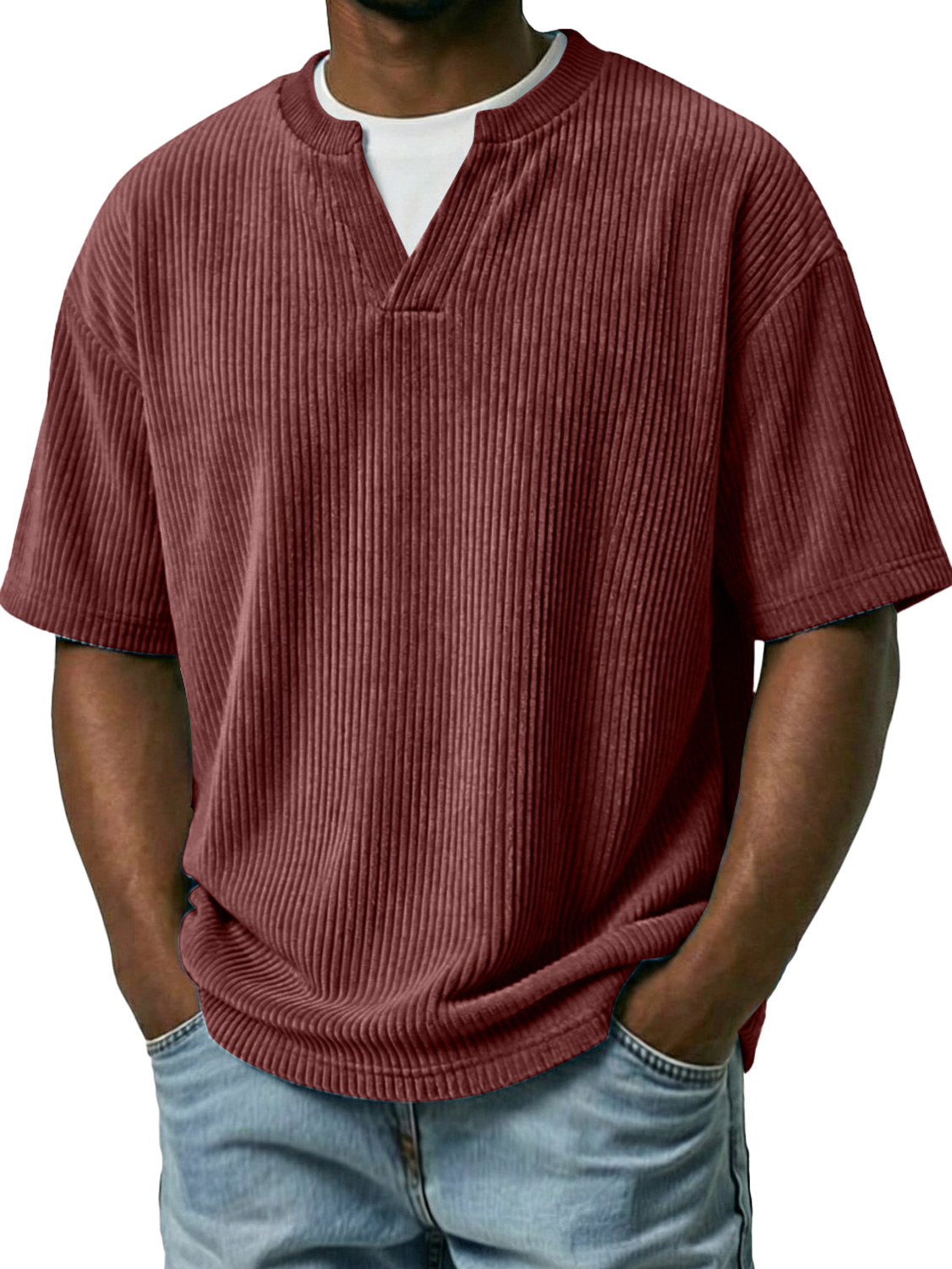 Men's Corduroy Faux Two-piece Double-collar Casual Short-sleeved T-shirt