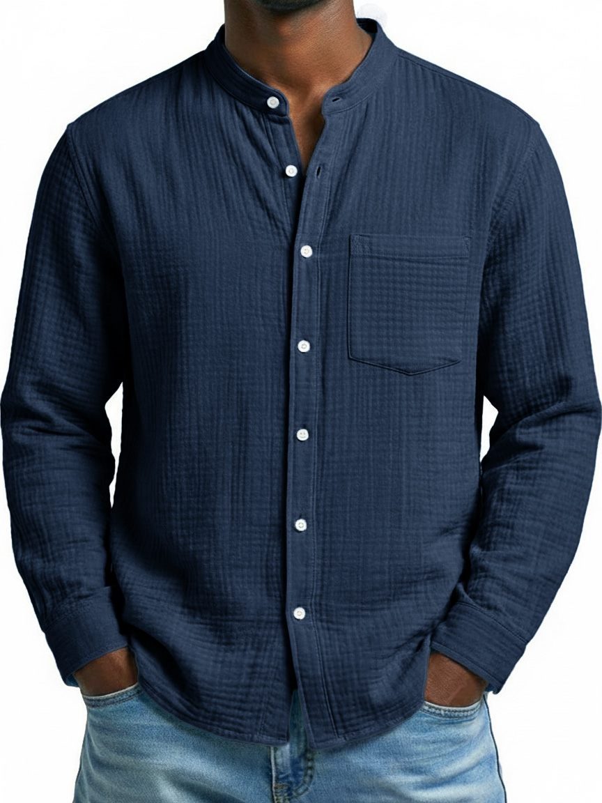 Men's Fashion Casual Retro Stand-Up Collar Pleated Fabric Long-Sleeve Shirt