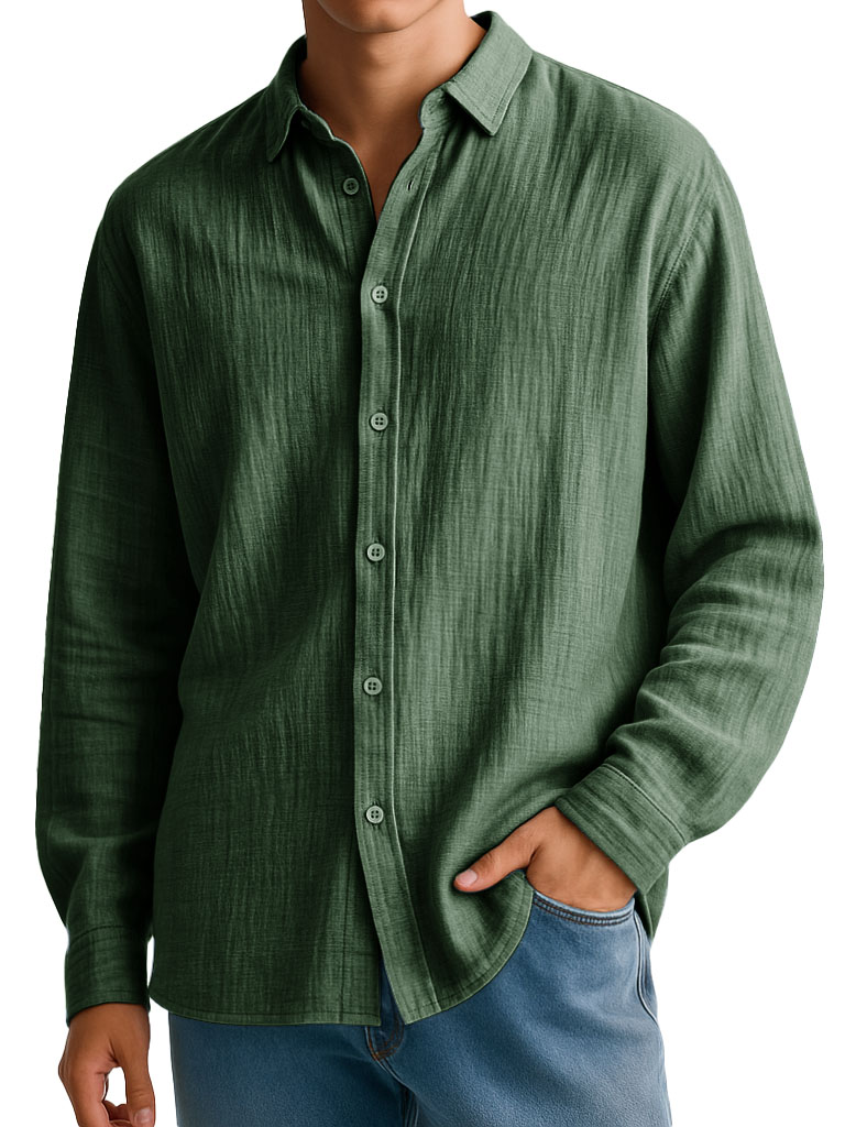 Men's Clothing Fashionable Casual Imitation Linen Fabric Long-sleeved Lapel Shirt