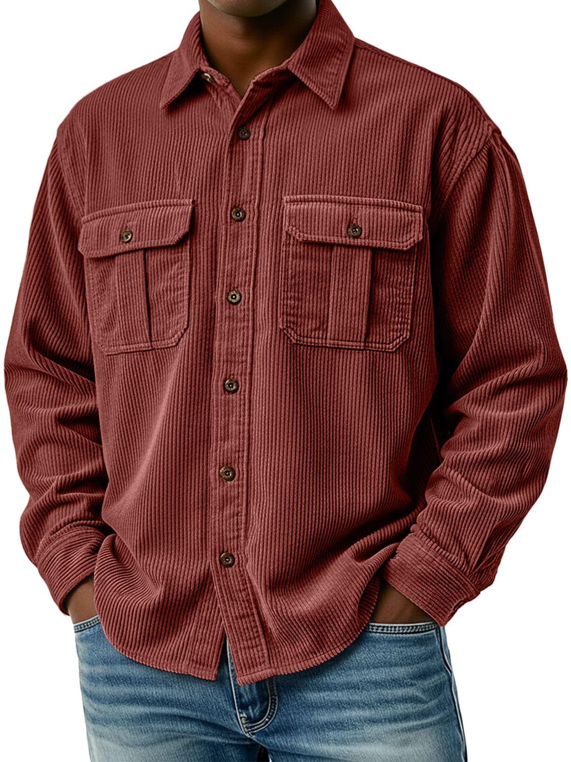 Men's Retro Corduroy Double Pocket Casual Long-Sleeve Work Shirt