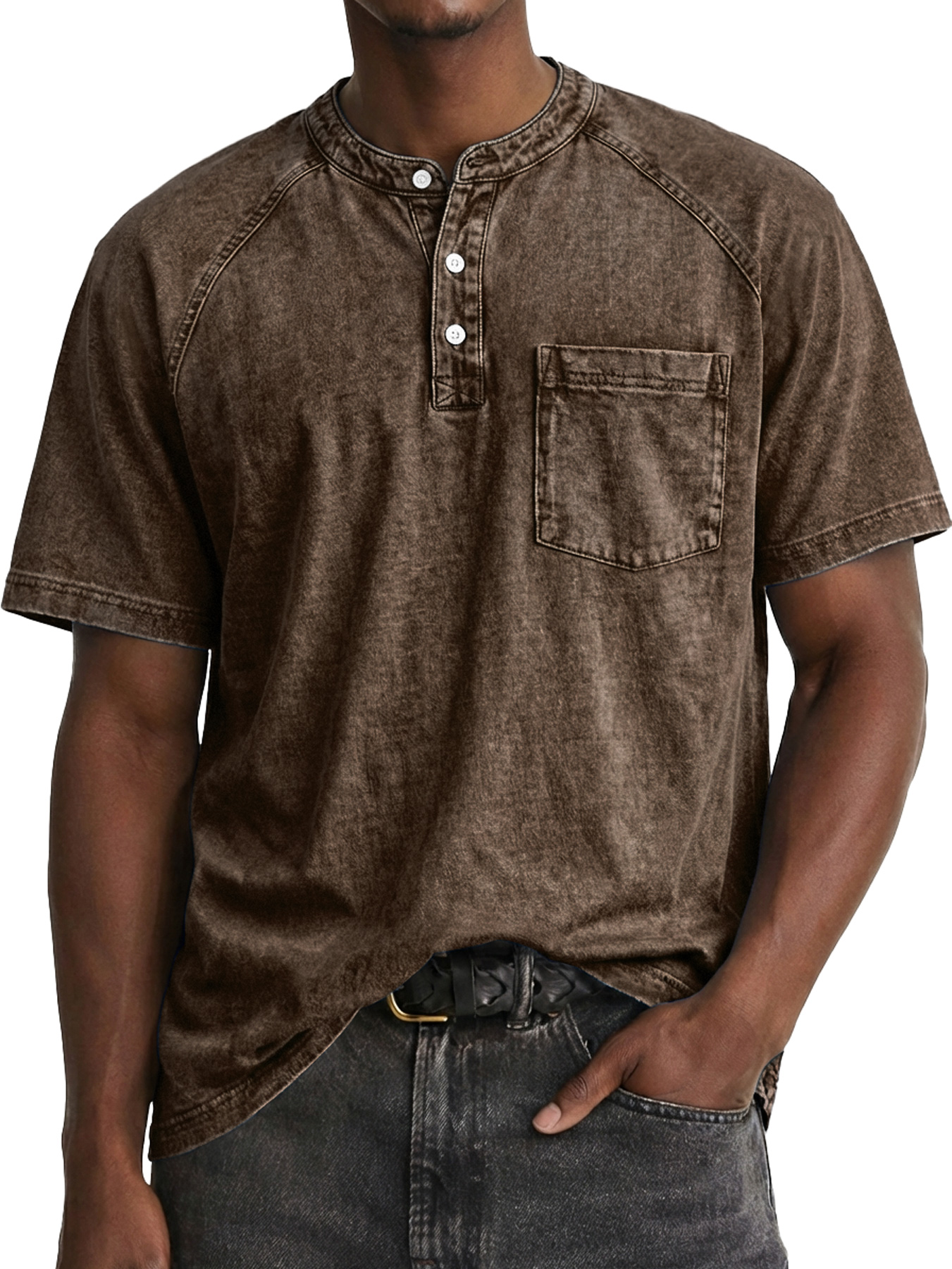 Men's Retro Raglan Pocket Casual Short-Sleeve Henley Shirt
